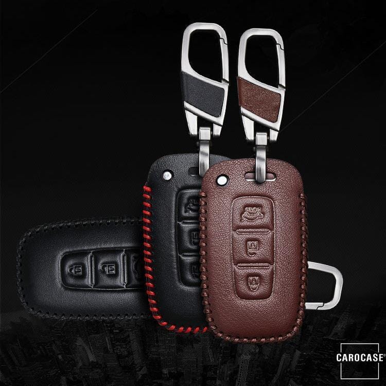 Leder Schlüssel Cover passend für Hyundai Schlüssel D3 keyholster.com | the case company schwarz/rot 