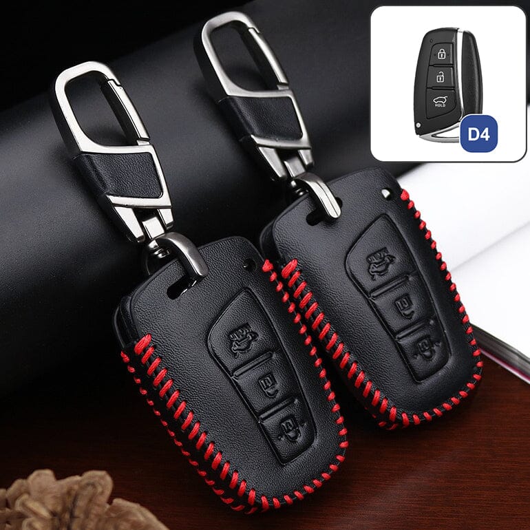 Leder Schlüssel Cover passend für Hyundai Schlüssel D4 keyholster.com | the case company schwarz/rot 