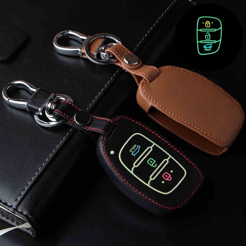 Leder Schlüssel Cover passend für Hyundai Schlüssel LEUCHTEND! LEK2-D2 keyholster.com | the case company 