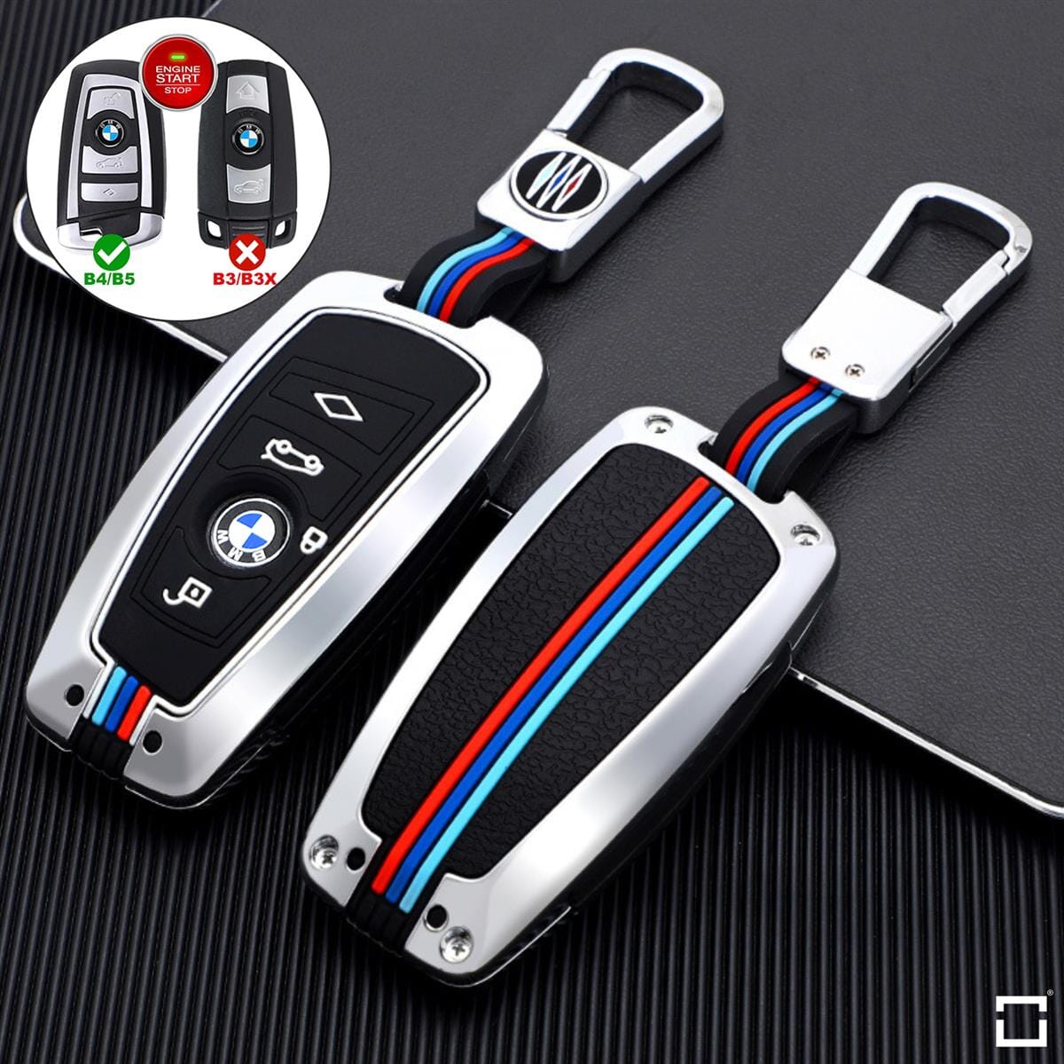 Premium Alu Schlüssel Cover für BMW Schlüssel mit Silikon Tastenschutz + Nachleuchtend HEK10-B5 keyholster.com | the case company silber 