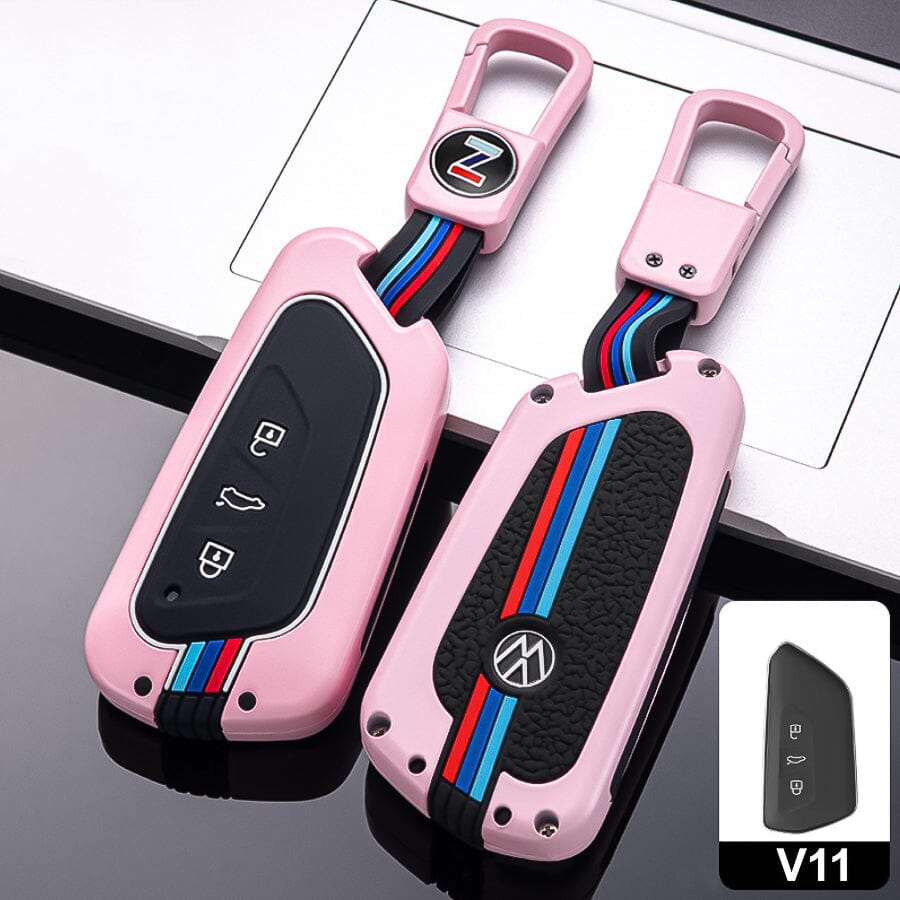 Premium Alu Schlüssel Cover für Volkswagen, Skoda, Seat Schlüssel mit Silikon Tastenschutz + Nachleuchtend HEK10-V11-S222 keyholster.com | the case company rosa 