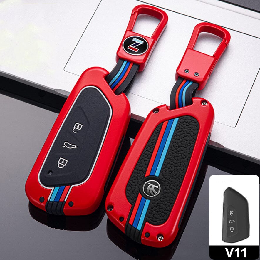 Premium Alu Schlüssel Cover für Volkswagen, Skoda, Seat Schlüssel mit Silikon Tastenschutz + Nachleuchtend HEK10-V11-S222 keyholster.com | the case company rot 