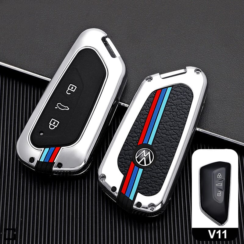 Premium Alu Schlüssel Cover für Volkswagen, Skoda, Seat Schlüssel mit Silikon Tastenschutz + Nachleuchtend HEK10-V11-S222 keyholster.com | the case company silber 