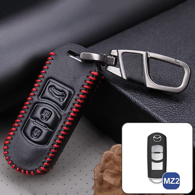 Premium Leder Schlüsselhülle / Schutzhülle (LEK18) passend für Mazda Schlüssel inkl. Karabiner in der passenden Farbe keyholster.com | the case company schwarz/rot 