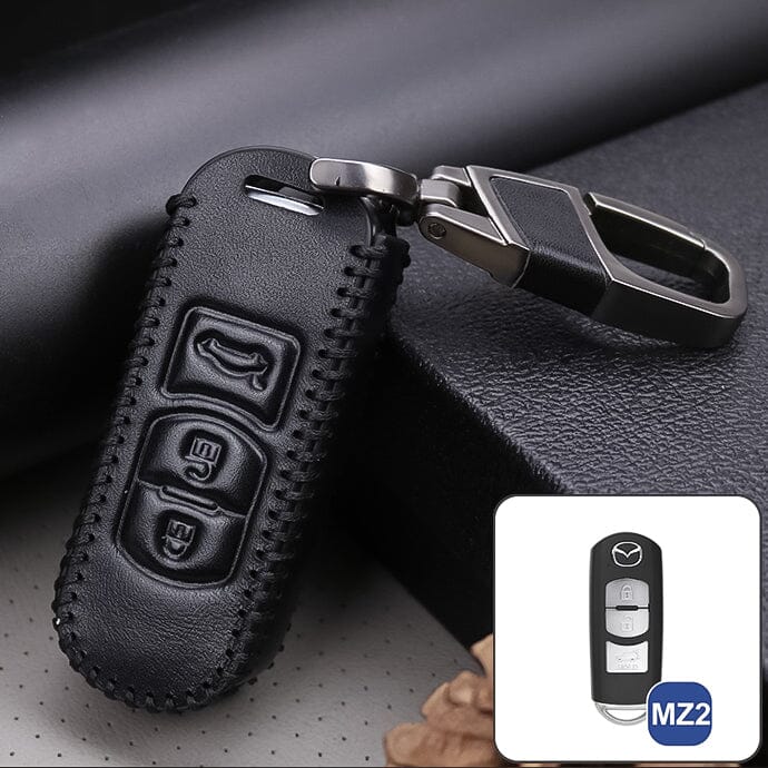 Premium Leder Schlüsselhülle / Schutzhülle (LEK18) passend für Mazda Schlüssel inkl. Karabiner in der passenden Farbe keyholster.com | the case company schwarz/schwarz 