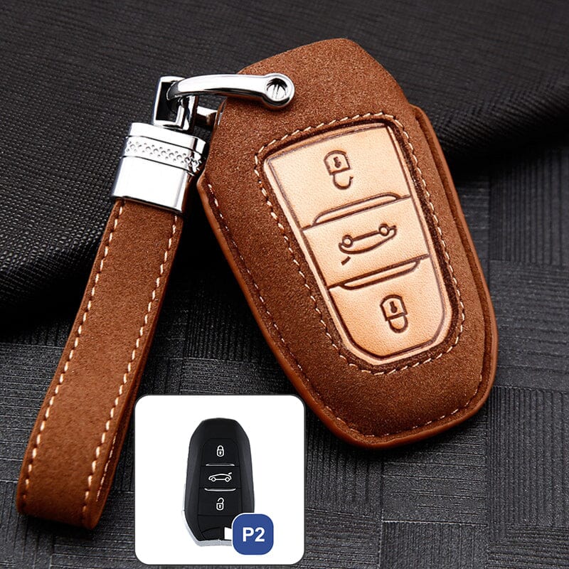 Premium Leder Schlüsselhülle / Schutzhülle (LEK59) passend für Opel, Toyota, Citroen, Peugeot Schlüssel inkl. Lederband keyholster.com | the case company braun 