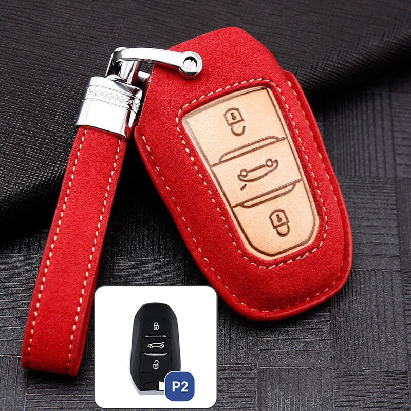 Premium Leder Schlüsselhülle / Schutzhülle (LEK59) passend für Opel, Toyota, Citroen, Peugeot Schlüssel inkl. Lederband keyholster.com | the case company rot 