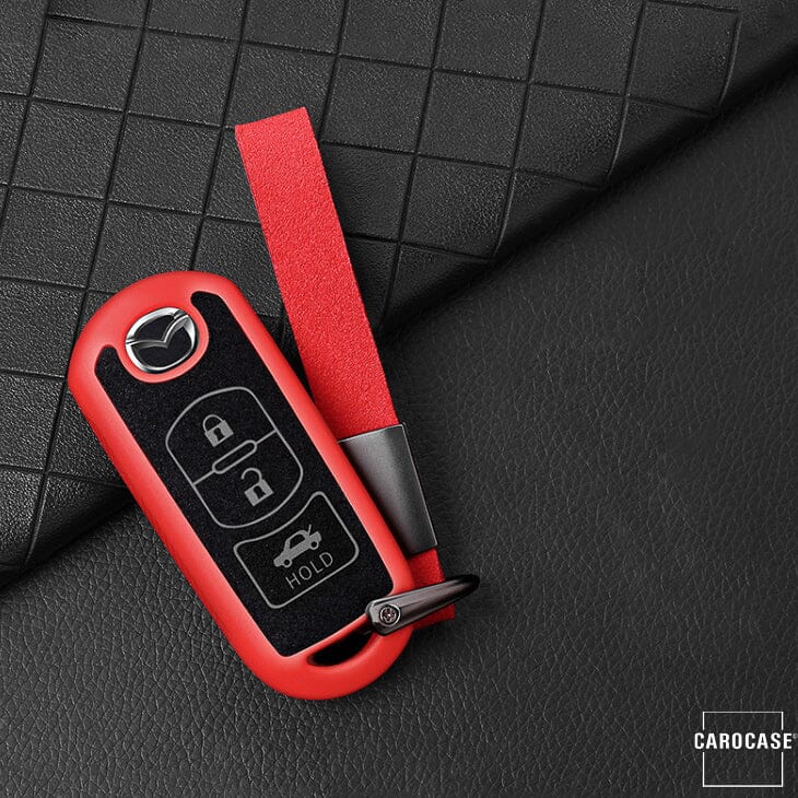 Silikon Alcantara Schutzhülle passend für Mazda Schlüssel + Lederband + Karabiner SEK12-MZ2 keyholster.com | the case company rot 