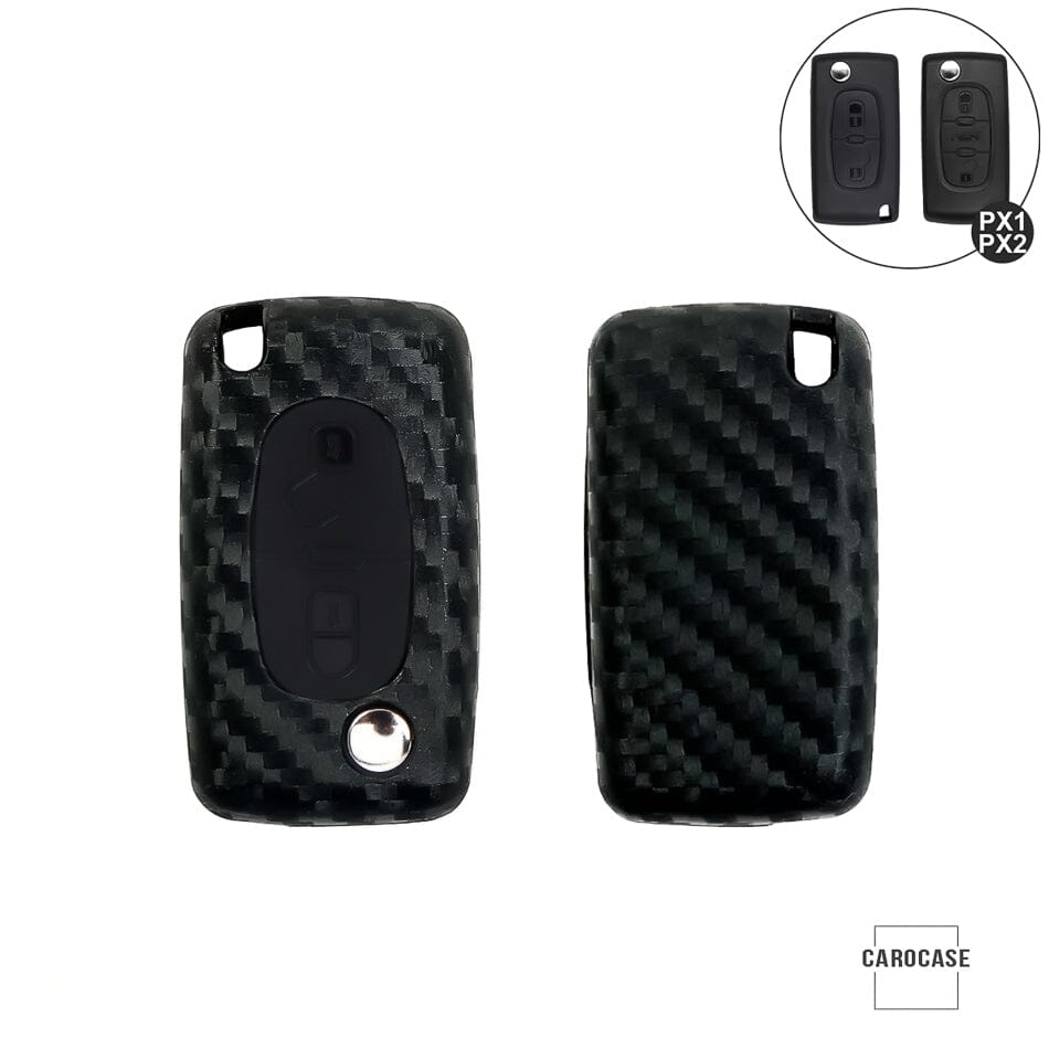 Silikon Carbon-Look Schlüssel Cover passend für Citroen, Peugeot, Fiat Schlüssel schwarz SEK3-PX2 keyholster.com | the case company 