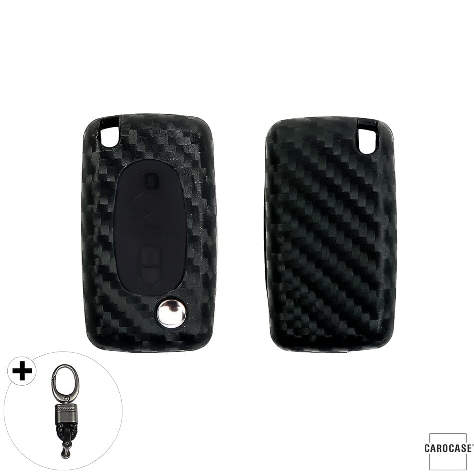 Silikon Carbon-Look Schlüssel Cover passend für Citroen, Peugeot, Fiat Schlüssel schwarz SEK3-PX2 keyholster.com | the case company (Schutzhülle + Karabiner SAR2) 