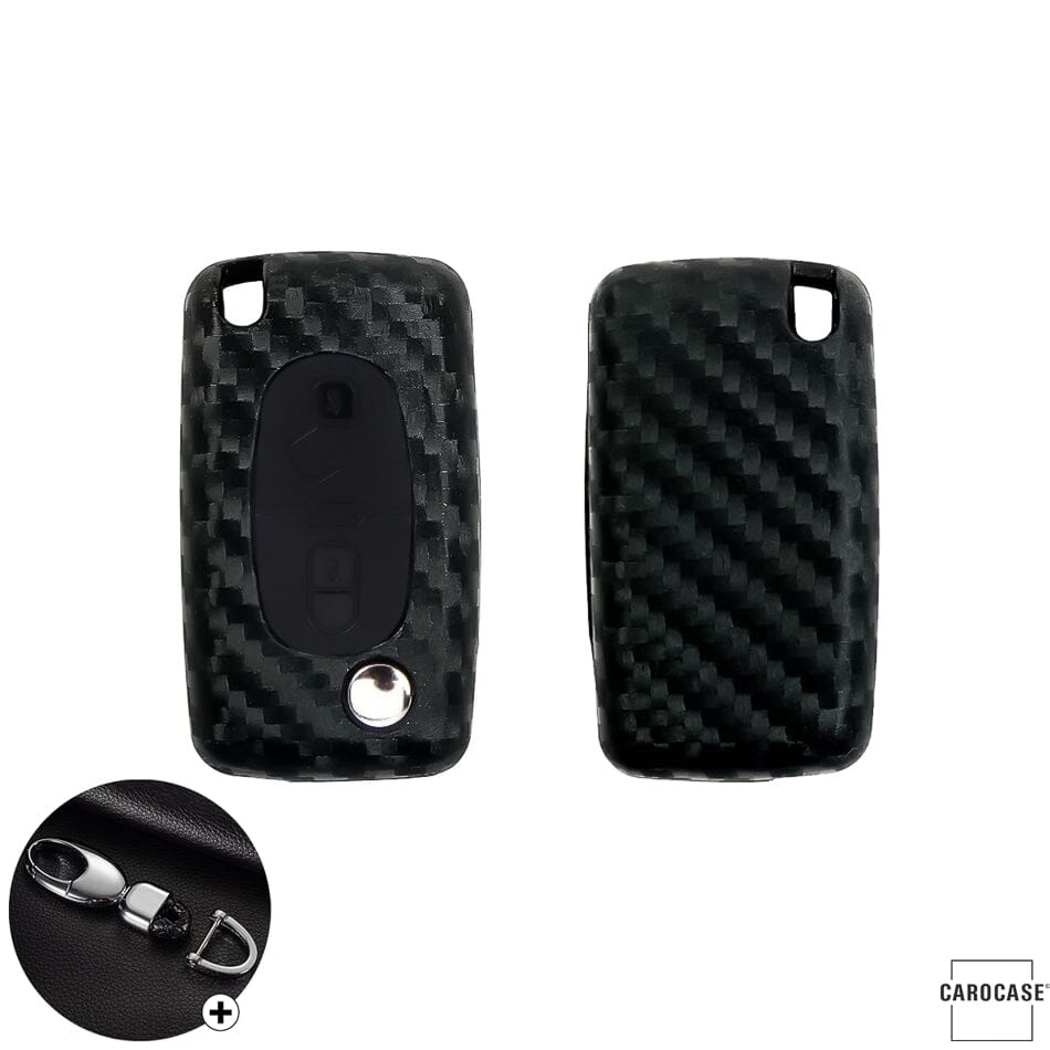 Silikon Carbon-Look Schlüssel Cover passend für Citroen, Peugeot, Fiat Schlüssel schwarz SEK3-PX2 keyholster.com | the case company (Schutzhülle + Karabiner SAR22) 