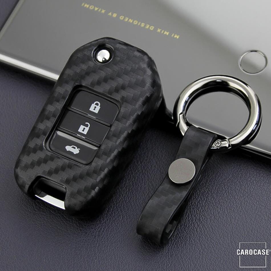 Silikon Carbon-Look Schlüssel Cover passend für Honda Schlüssel schwarz SEK3-H10 keyholster.com | the case company (Schutzhülle + Silikon Karabiner KRB21) 