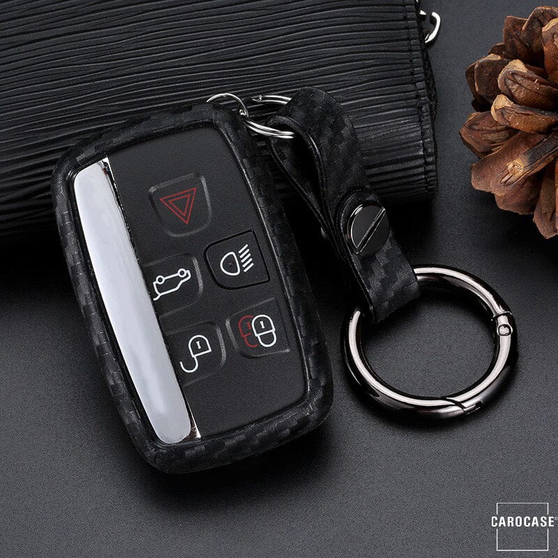 Silikon Carbon-Look Schlüssel Cover passend für Land Rover, Jaguar Schlüssel schwarz SEK3-LR2 keyholster.com | the case company (Schutzhülle + Silikon Karabiner KRB21) 