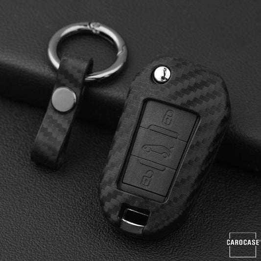 Silikon Carbon-Look Schlüssel Cover passend für Opel, Citroen, Peugeot Schlüssel schwarz SEK3-P3 keyholster.com | the case company (Schutzhülle + Silikon Karabiner KRB21) 