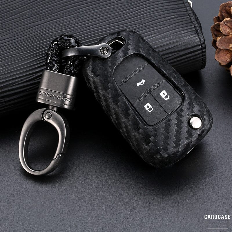 Silikon Carbon-Look Schlüssel Cover passend für Opel Schlüssel schwarz SEK3-OP6 keyholster.com | the case company (Schutzhülle + Karabiner SAR2) 