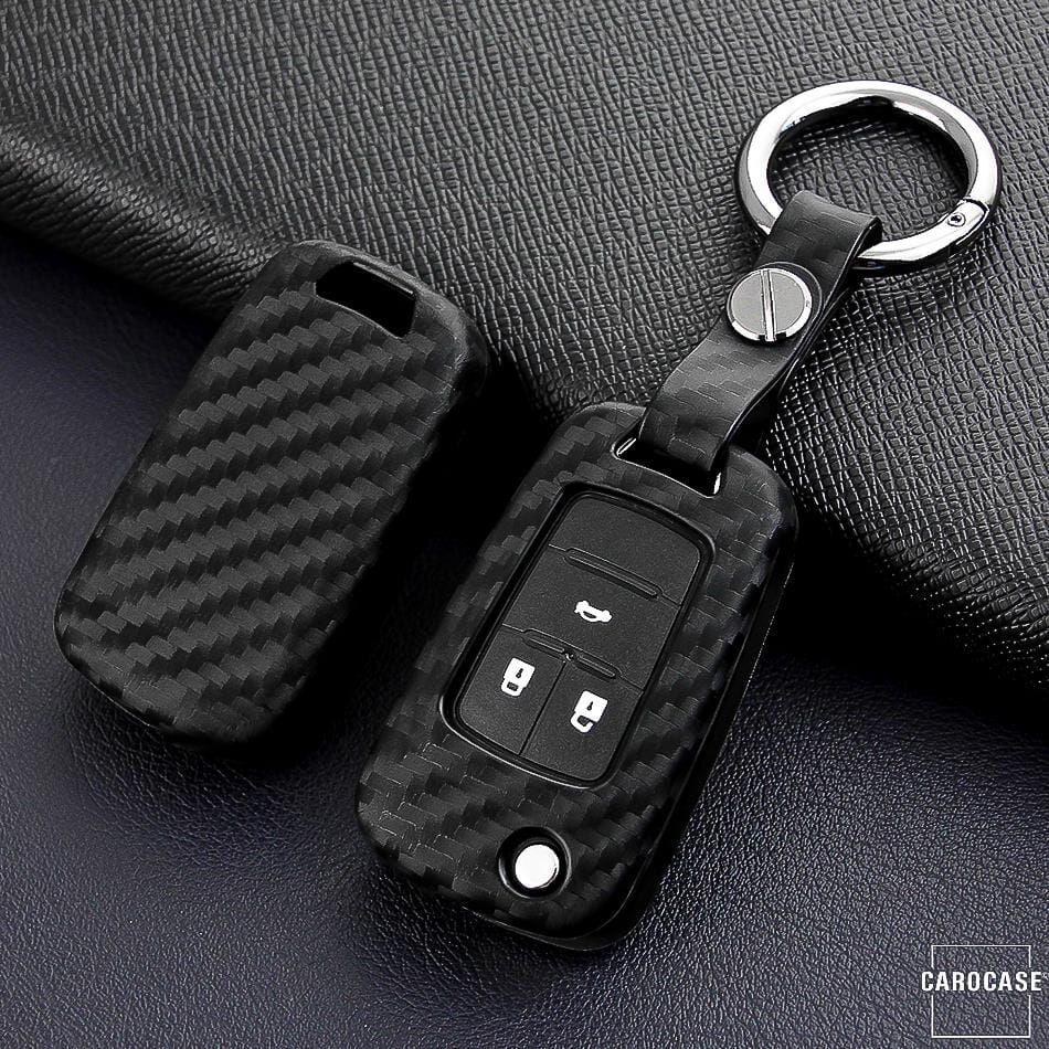 Silikon Carbon-Look Schlüssel Cover passend für Opel Schlüssel schwarz SEK3-OP6 keyholster.com | the case company (Schutzhülle + Silikon Karabiner KRB21) 