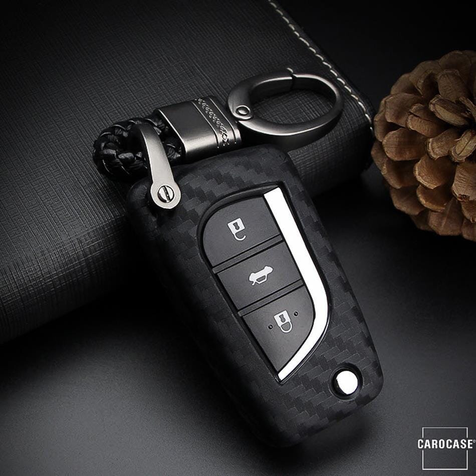 Silikon Carbon-Look Schlüssel Cover passend für Toyota Schlüssel schwarz SEK3-T2 keyholster.com | the case company (Schutzhülle + Karabiner SAR2) 